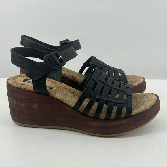 Korks Kork-Ease Marley Black Faux Leather Wedge Sandals Size 7 - Picture 2 of 7